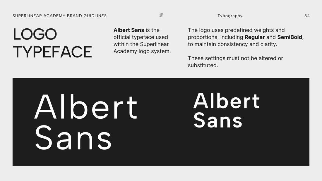 Logo typeface page showing Albert Sans in Regular and SemiBold