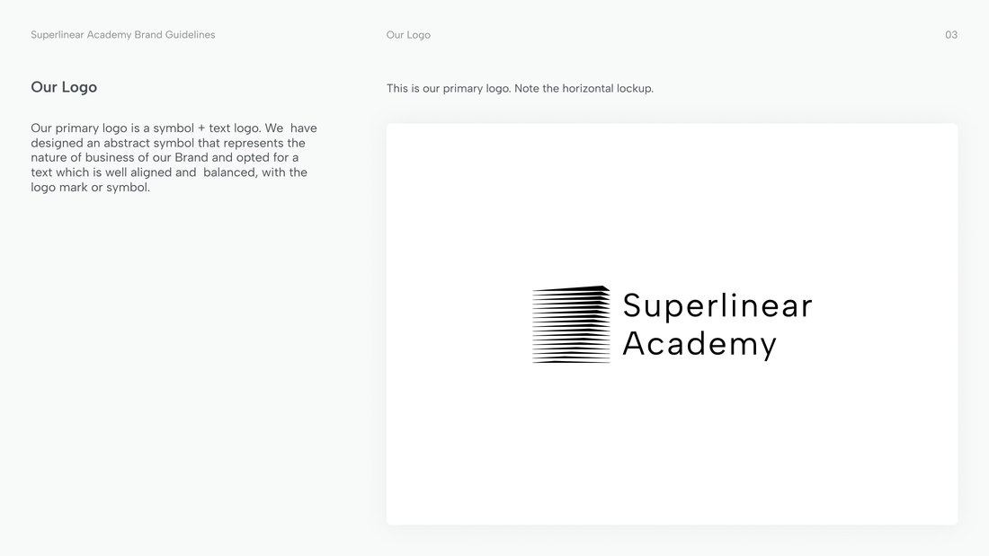 Our Logo page from the original brand guideline: the earlier stacked-line symbol beside the Superlinear Academy wordmark