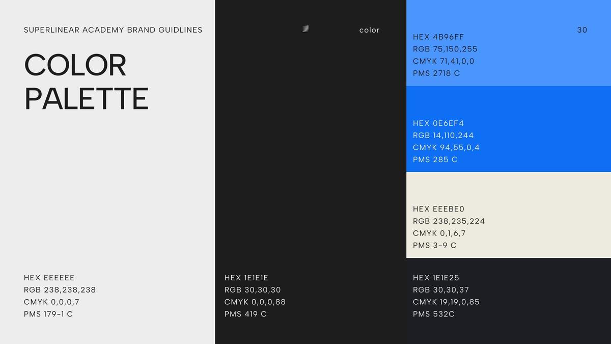 Early draft of the colour palette page, with a beige and a charcoal next to the blues