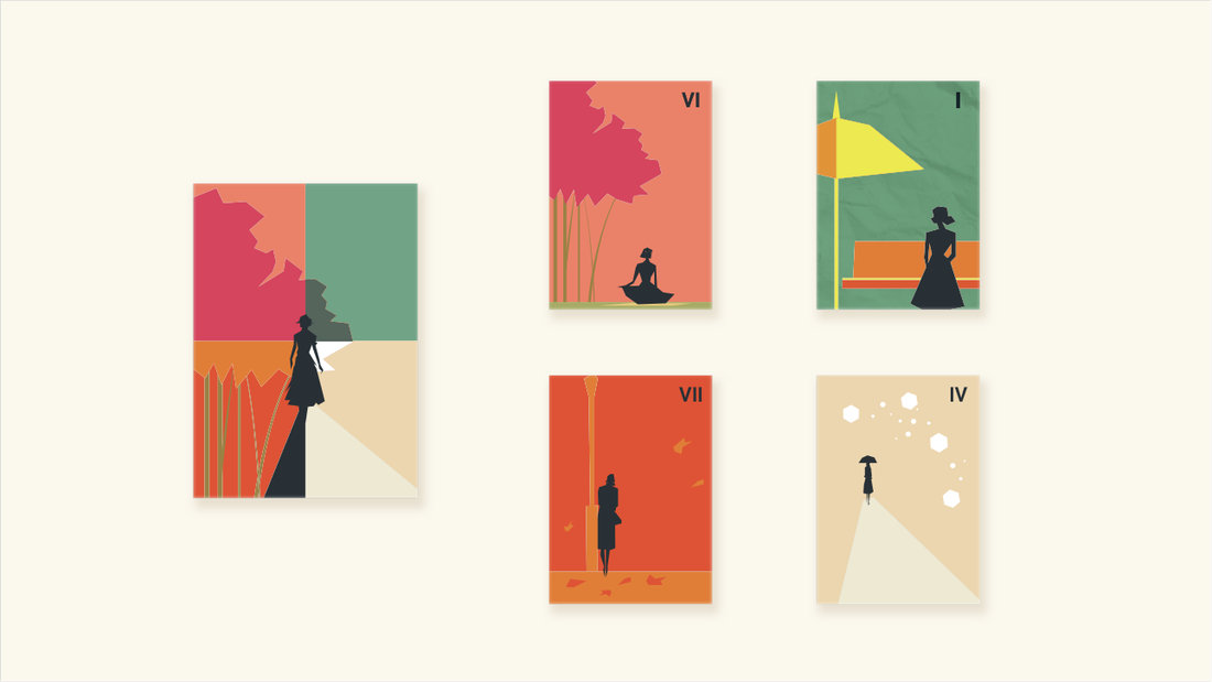 First digital set in flat colour: the card back and four fronts numbered VI, I, VII and IV