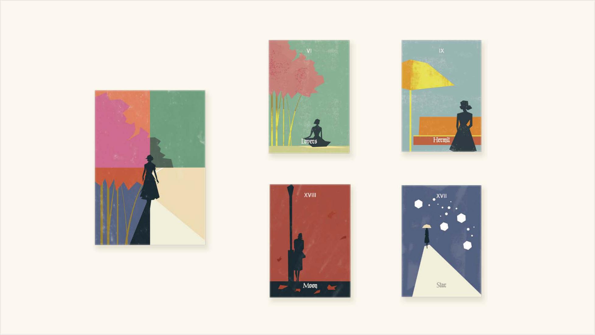 Five tarot card designs, including the Lovers, the Hermit, the Moon and the Star