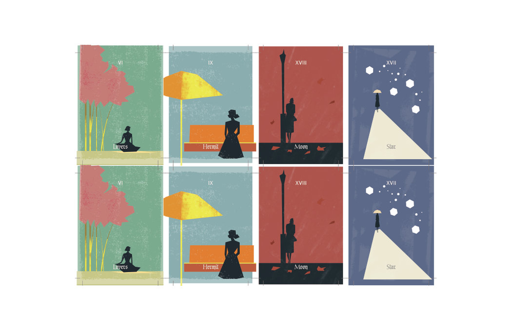Print sheet with the four card fronts, the Lovers, the Hermit, the Moon and the Star, twice each