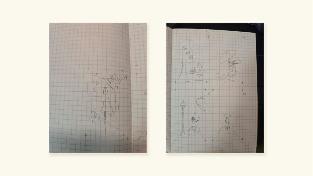 Two pages of pencil sketches for the cards on grid paper