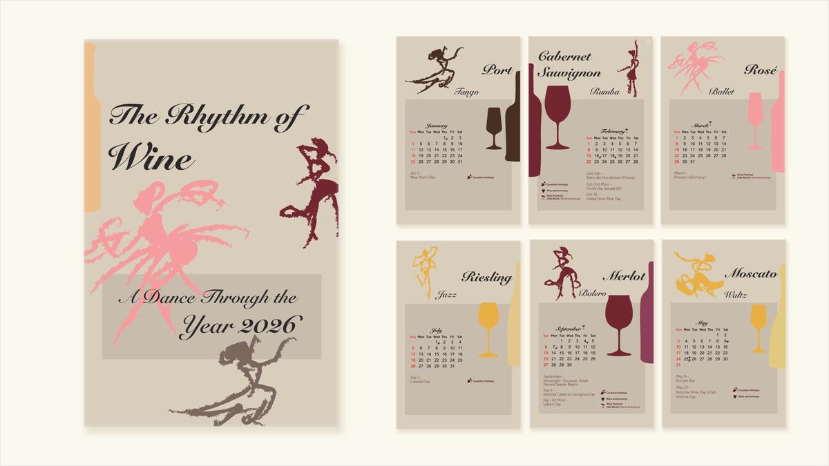 Calendar cover, The Rhythm of Wine, beside six month pages pairing wines with dances