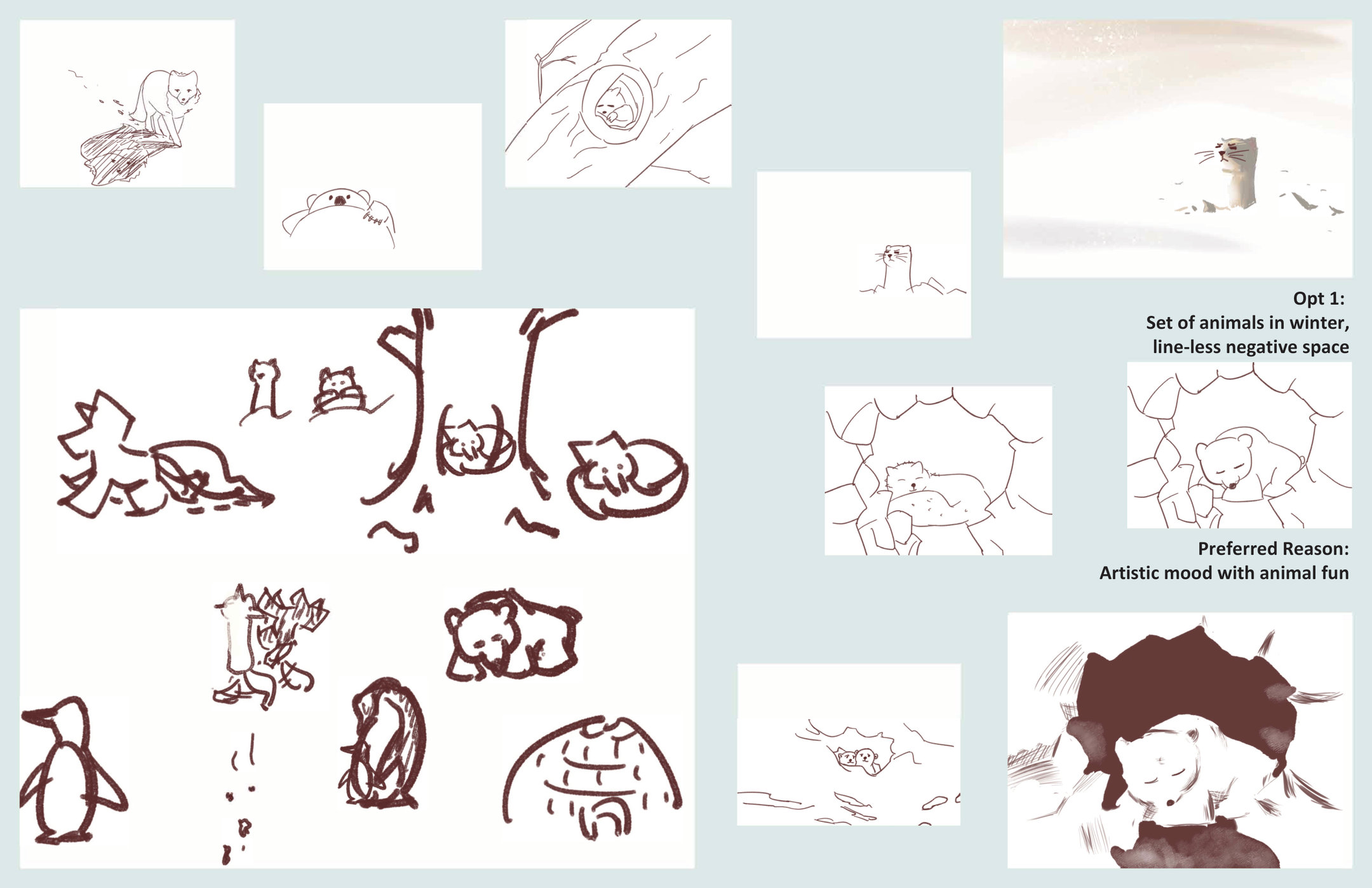 Exploration board for the first direction: line drawings of animals in winter, with notes on line-less negative space