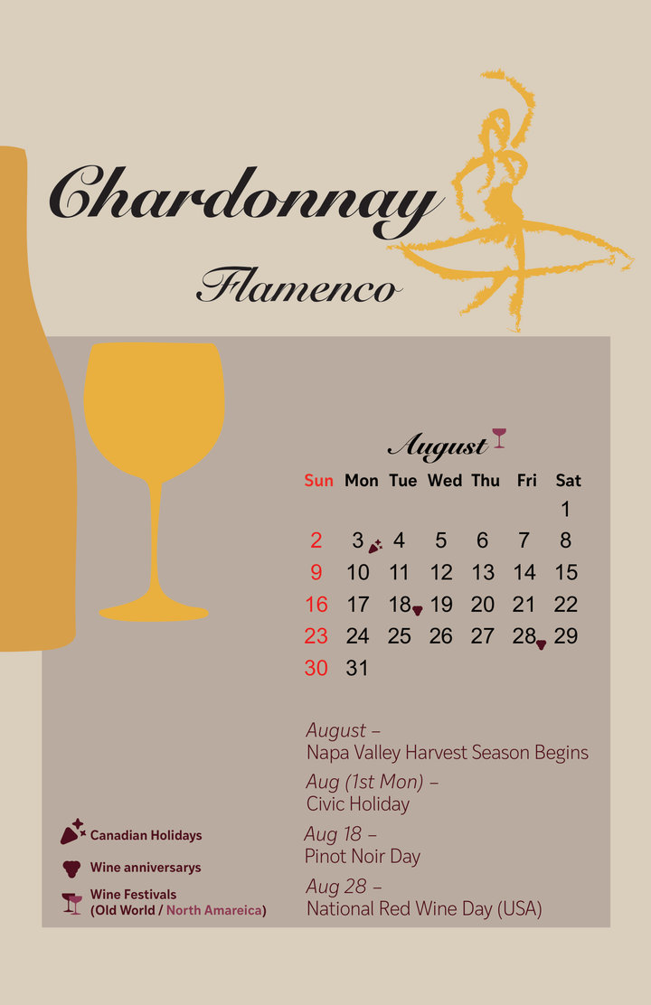 August page: Chardonnay and Flamenco, a dancer in a flared skirt above a gold bottle and glass, with the month’s grid and wine dates