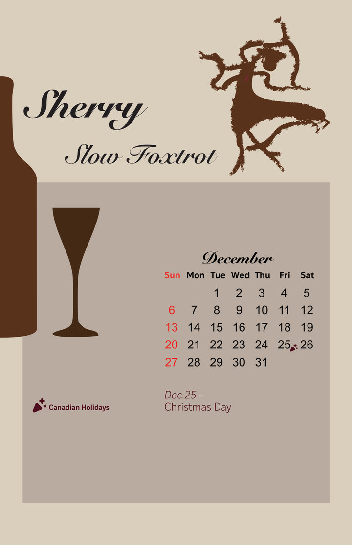 December page: Sherry and Slow Foxtrot, a pair of dancers in brown beside a sherry bottle and glass