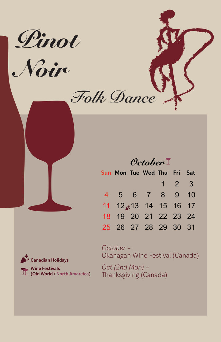 October page: Pinot Noir and Folk Dance, a dancer in red beside a dark red bottle and glass
