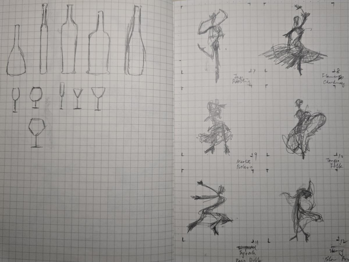 Pencil sketches of bottles, glasses and dancers, July to December