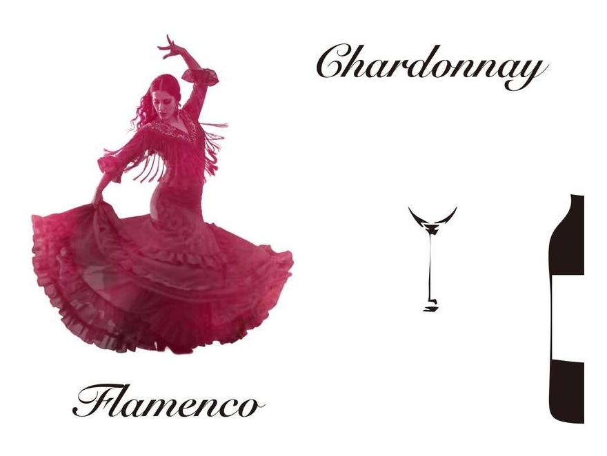 Early layout test with a cut-out photo of a flamenco dancer beside the words Chardonnay and Flamenco, a glass and a bottle