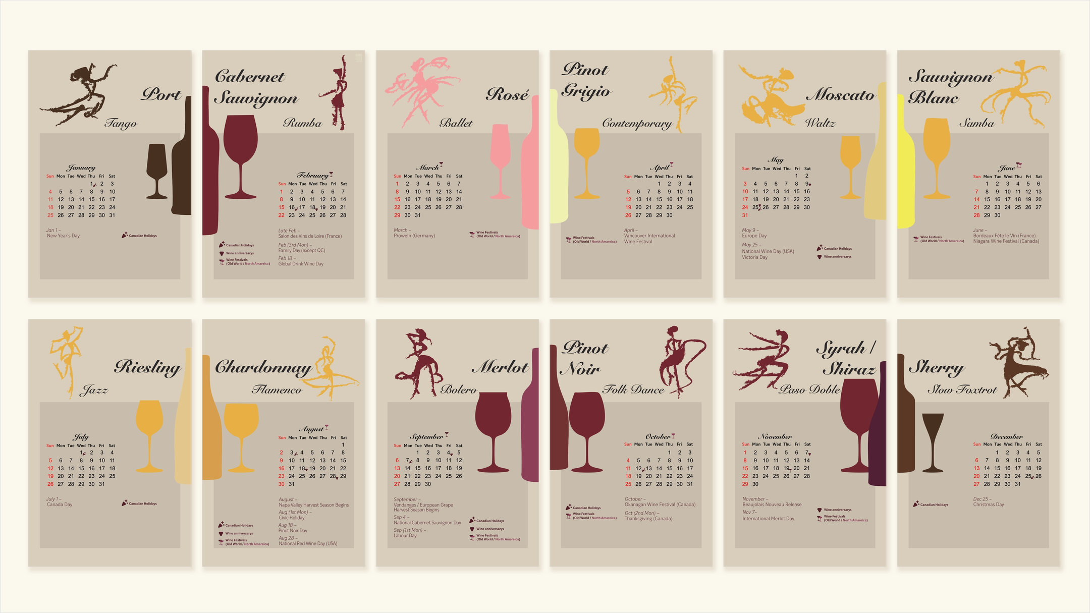 All twelve month pages of the calendar side by side, each with a dancer, a bottle and a glass in that month’s colours