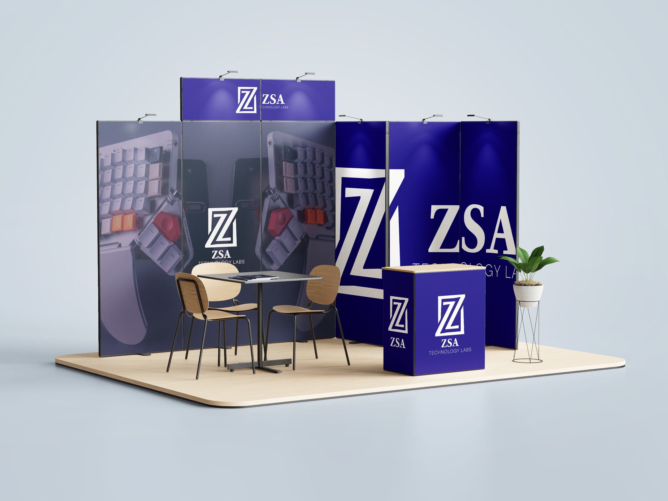 Trade-show booth in navy and purple, with the Z mark on the walls and the counter