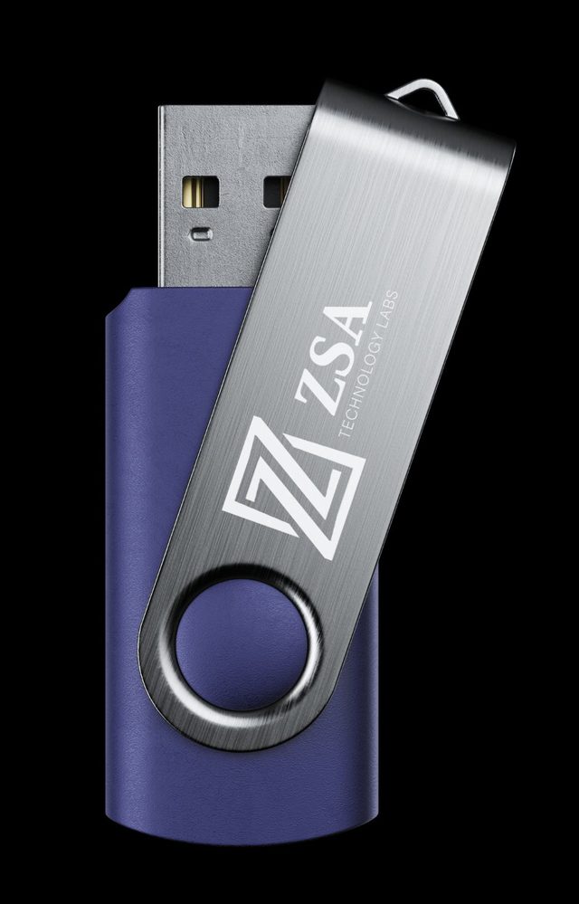 USB stick with a purple body and the ZSA lockup on the metal swivel