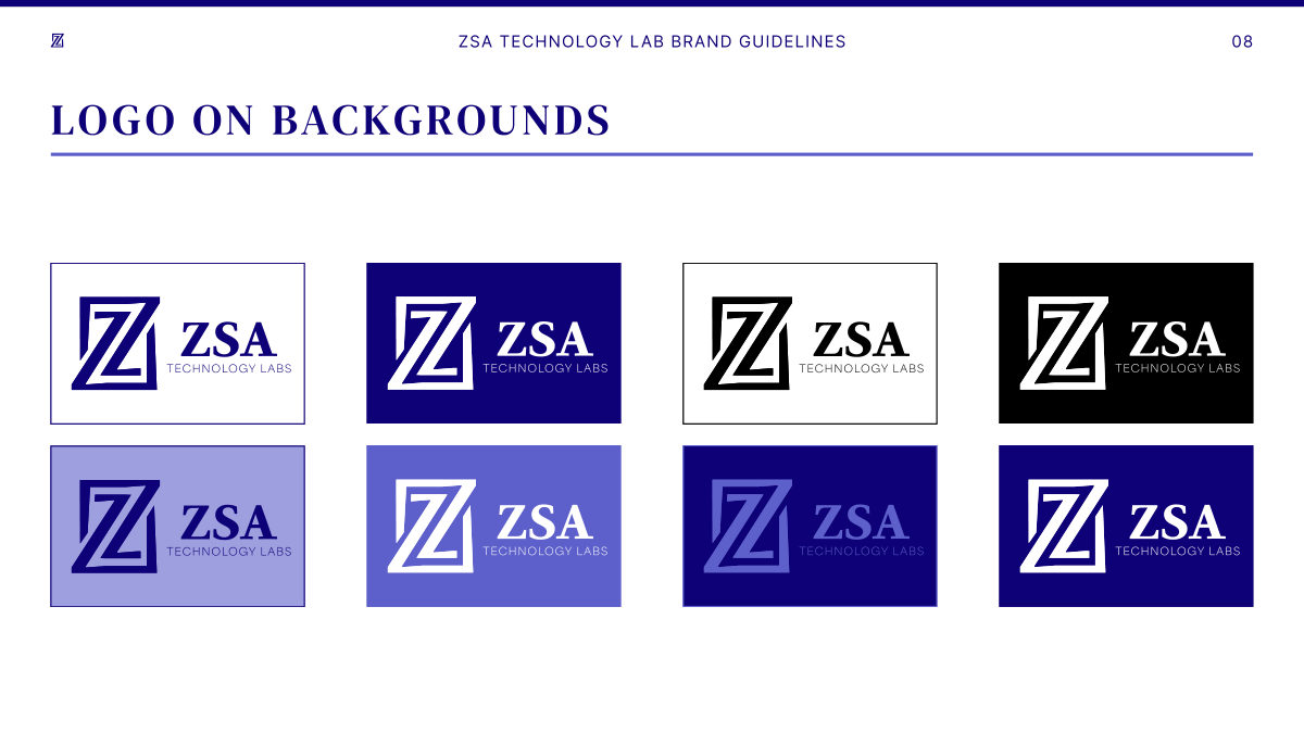 Guidelines page with the horizontal logo on white, navy, black and purple backgrounds