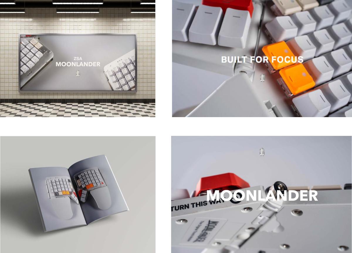 Four campaign visuals: a subway billboard, a keycap close-up, a magazine spread and a product close-up