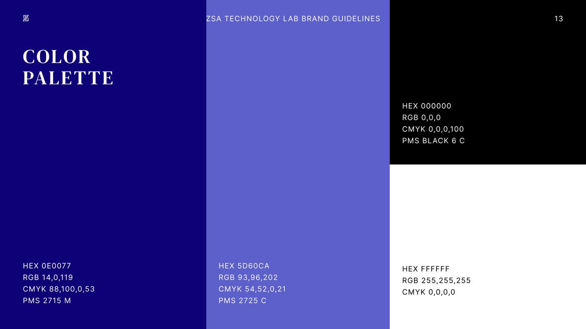 Guidelines page with the navy, violet, black and white palette