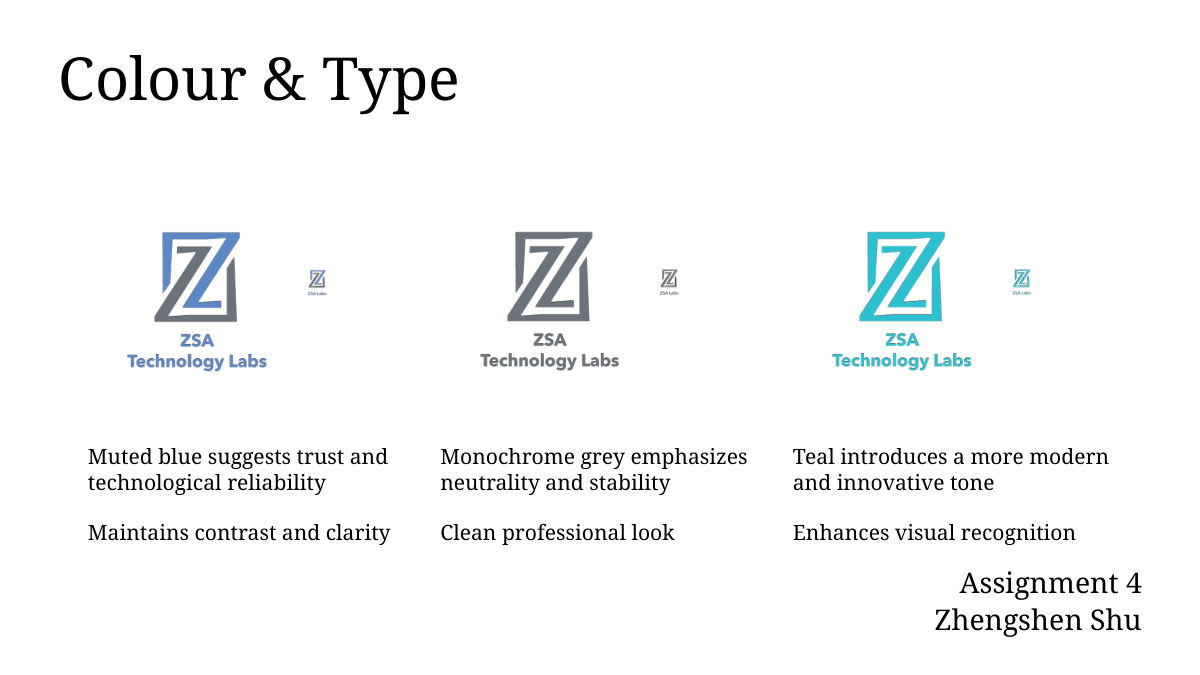 Colour tests: the Z lockup in muted blue, grey and teal, with notes
