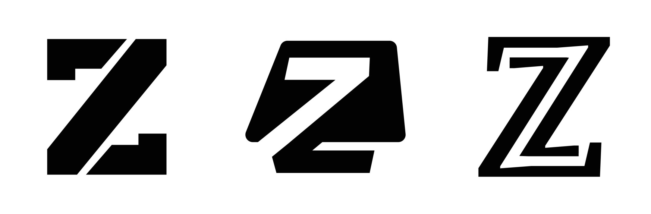 Three digital Z directions in black: a heavy block Z, a slanted Z in a parallelogram and a double-outline Z