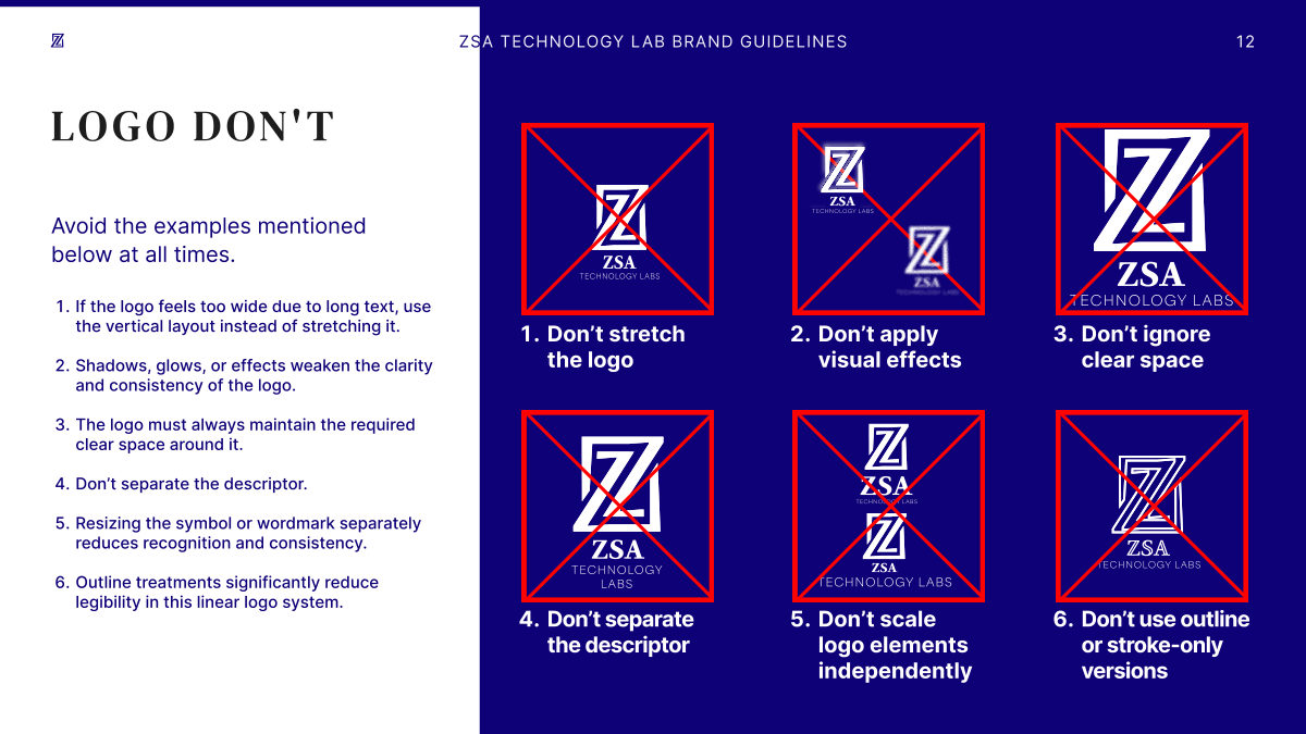 Guidelines page with six crossed-out misuses of the logo