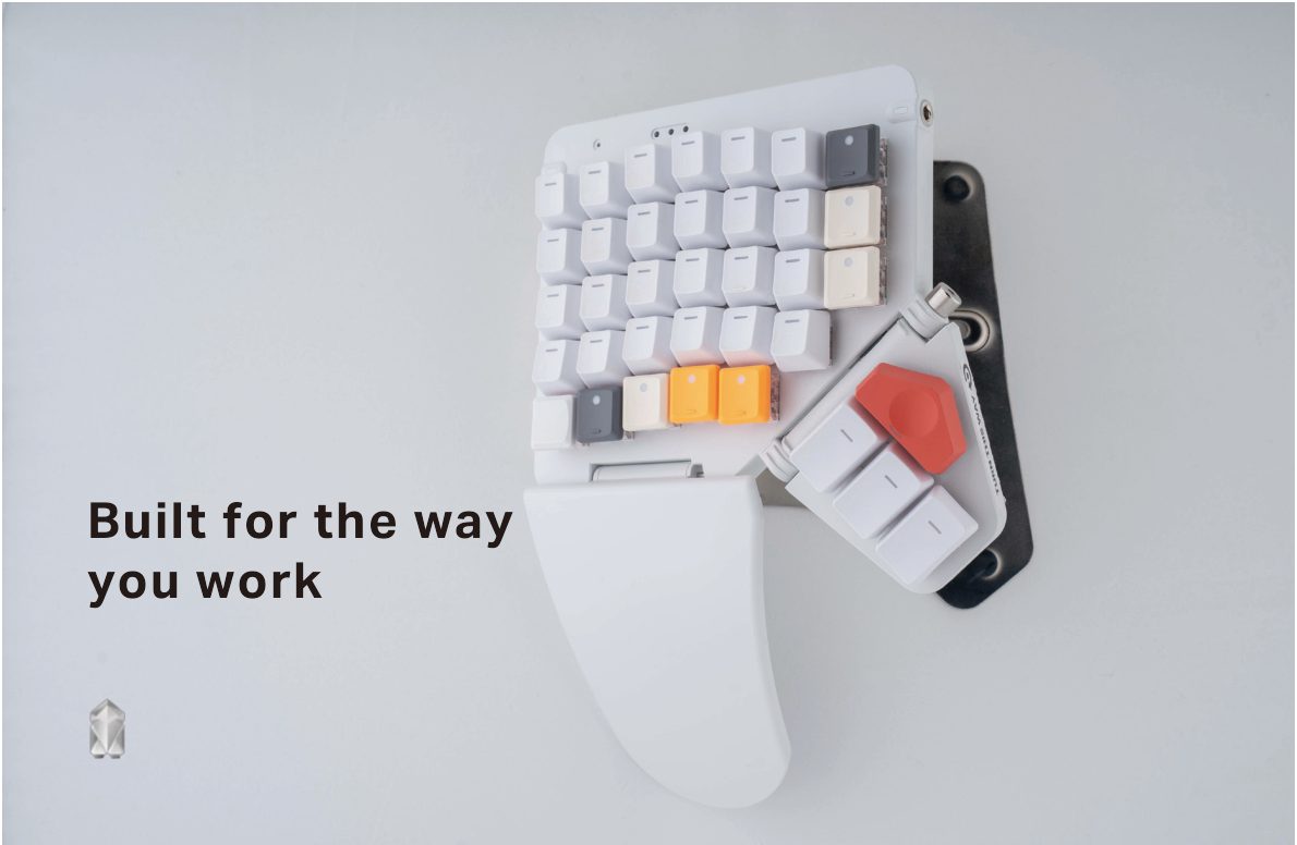 Social post with one half of the keyboard and the line Built for the way you work