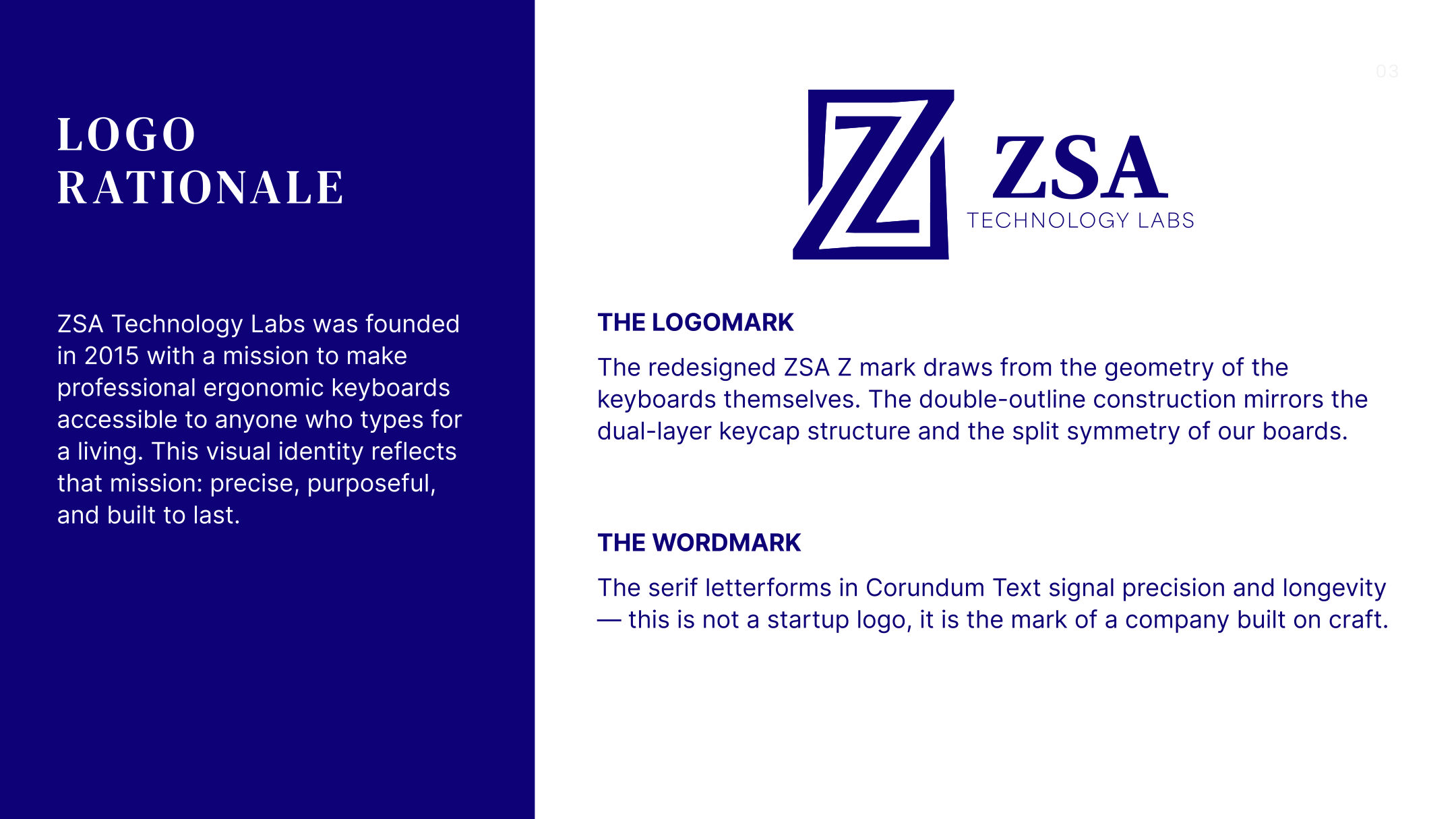 Logo Rationale page: the Z mark and wordmark beside the founding story and notes on the logomark and the wordmark
