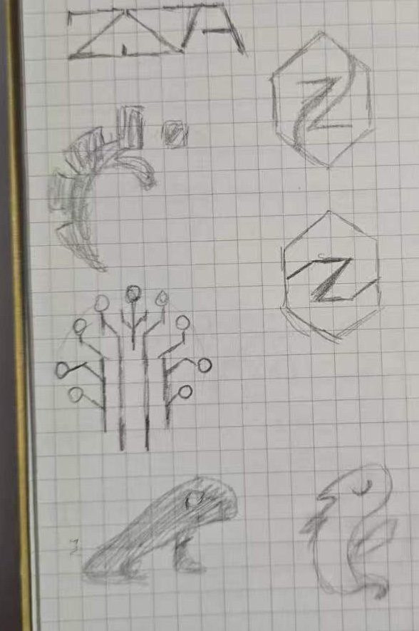 Sketchbook page with hexagon Z marks, a circuit-tree symbol and two animal sketches