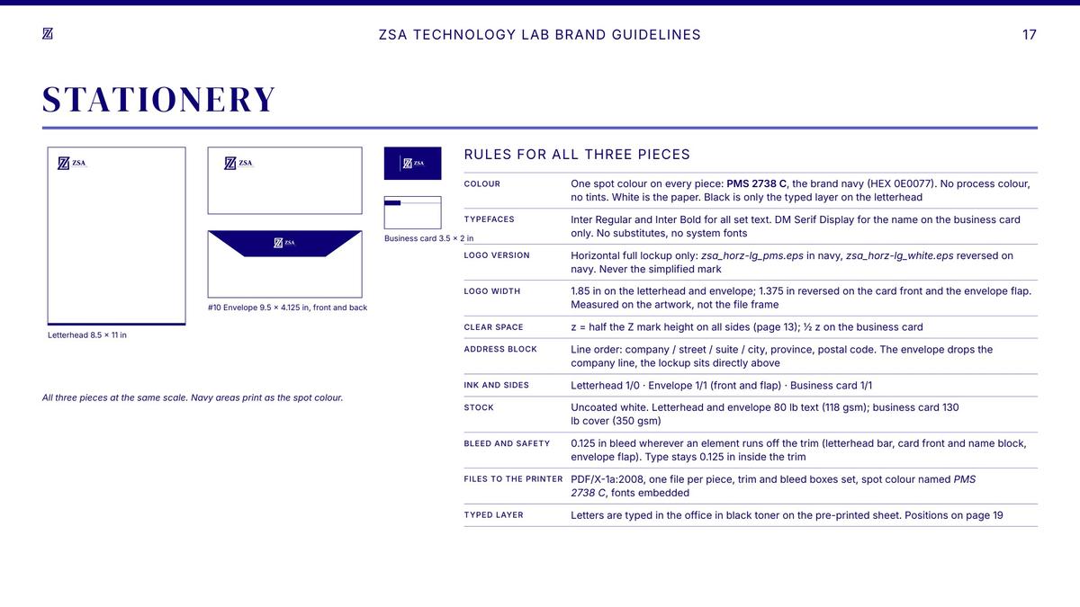 Stationery page added in September, with letterhead, envelope and business card specs